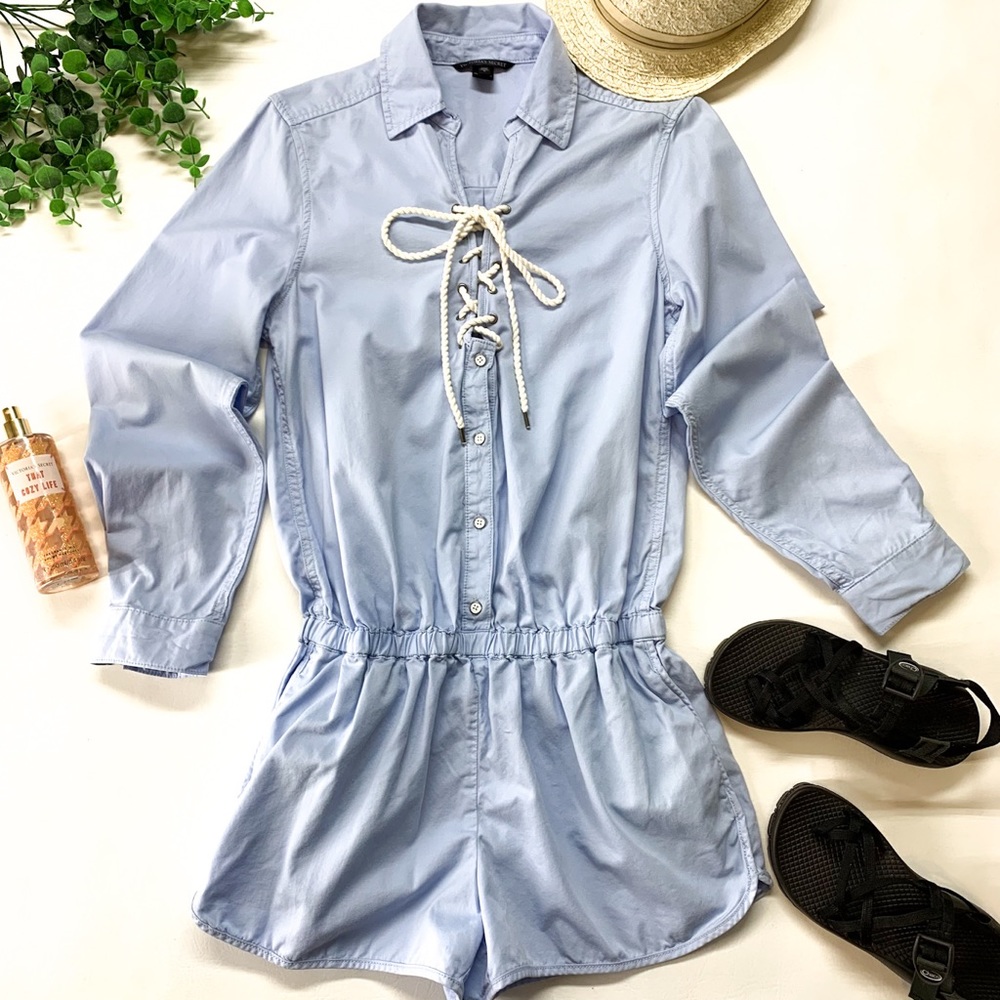 Victoria’s Secret Chambray 100% Cotton Long Sleeve Shorts Romper Nautical Rope